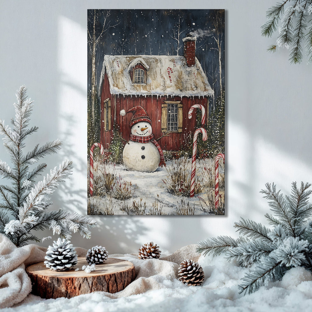 Framed Wall Art: Winter scene with snowman & red house. Cozy Christmas decor in a warm, inviting palette. Perfect holiday gift!