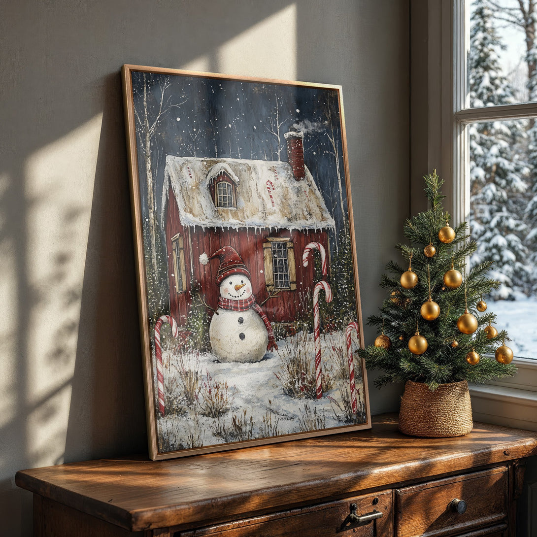 Framed Wall Art: Cozy winter scene with snowman and red house. Rustic style, warm red and blue color palette. Perfect holiday decor!