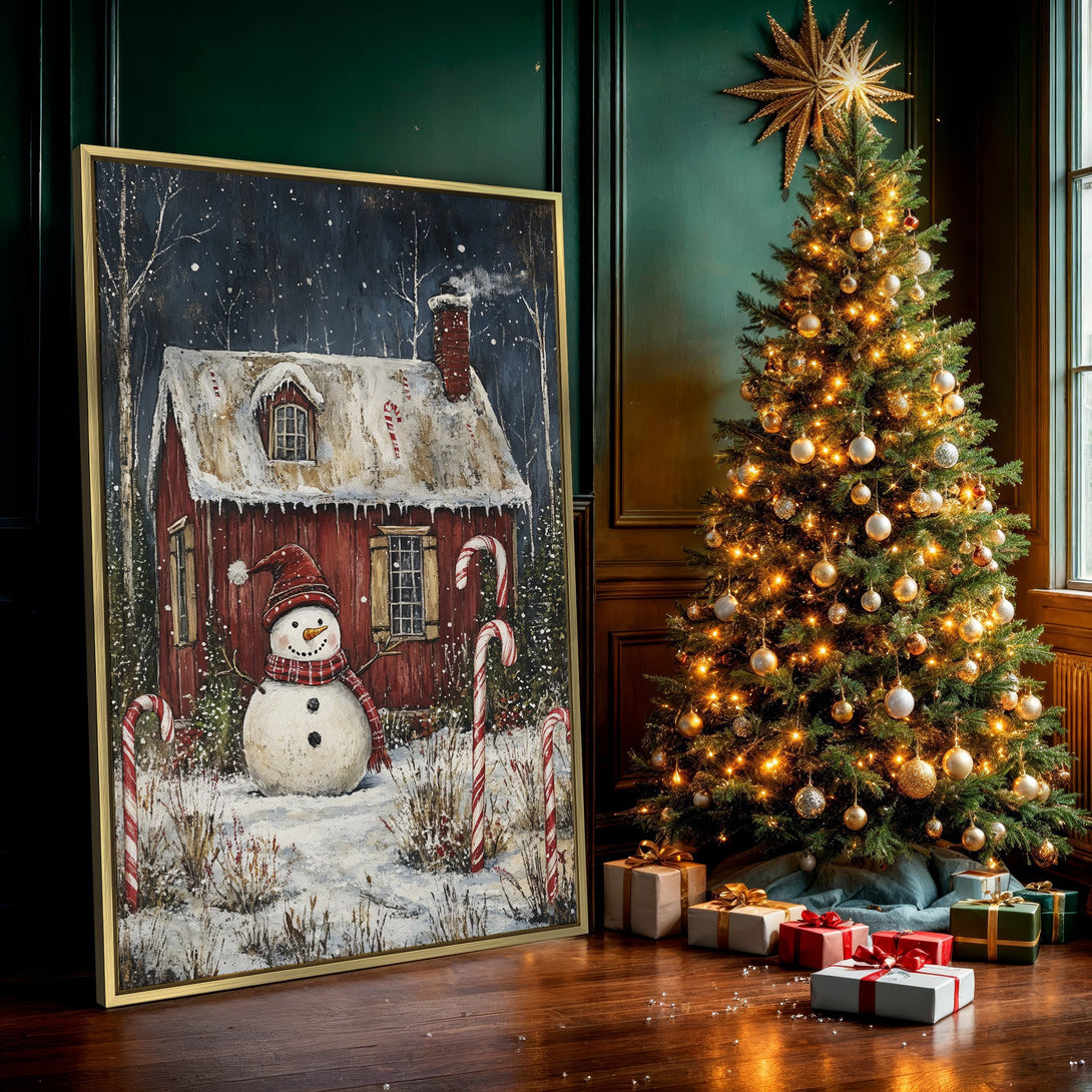 Canvas Print of a winter scene with a snowman and red house. Rustic style with a red, white, and blue color palette. Perfect holiday wall art.