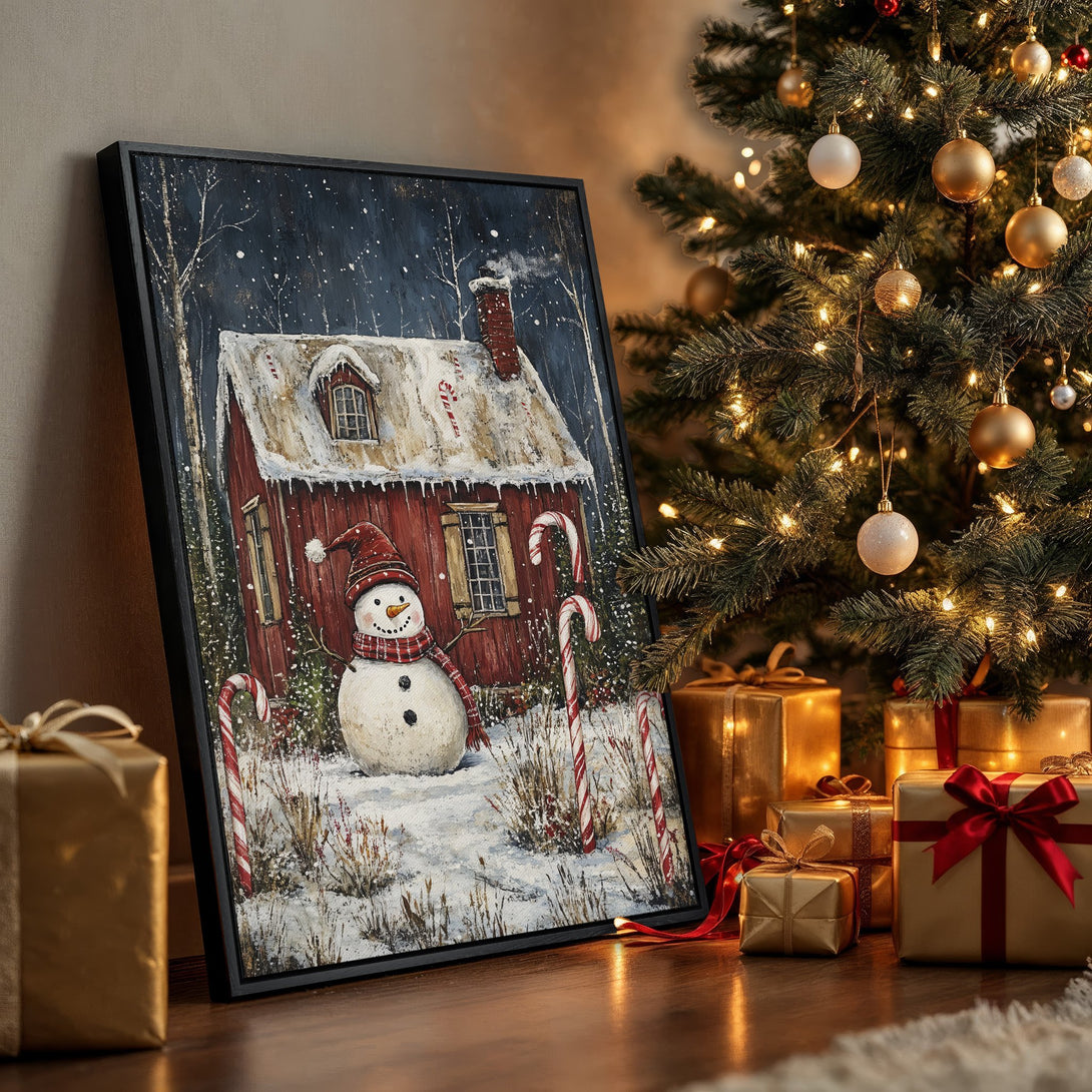 Framed Wall Art: Cozy winter scene with snowman & red cabin. Rustic style, warm reds & blues. Perfect Christmas decor for a festive home.