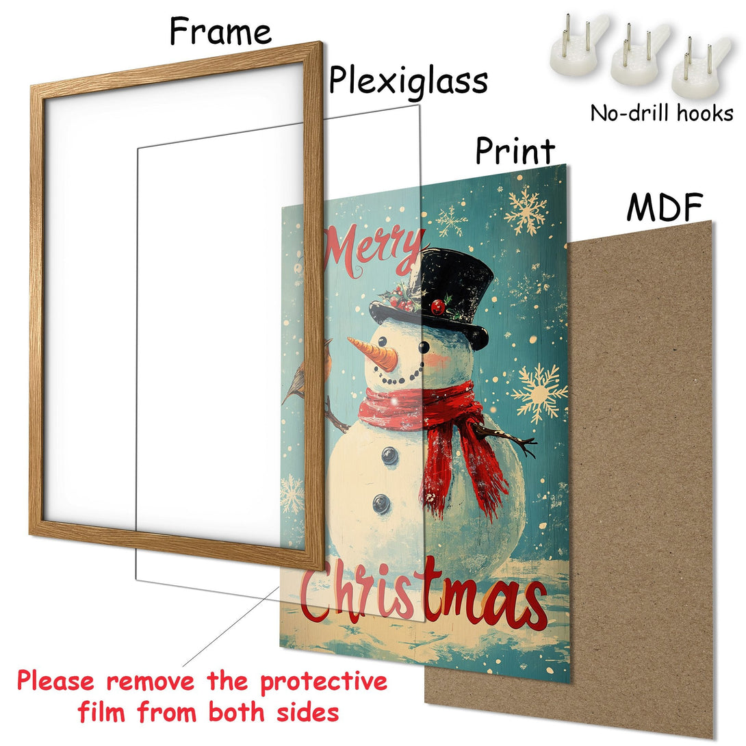 Framed Poster featuring a vintage snowman design in a blue, red, and beige color palette. Perfect Christmas wall art!