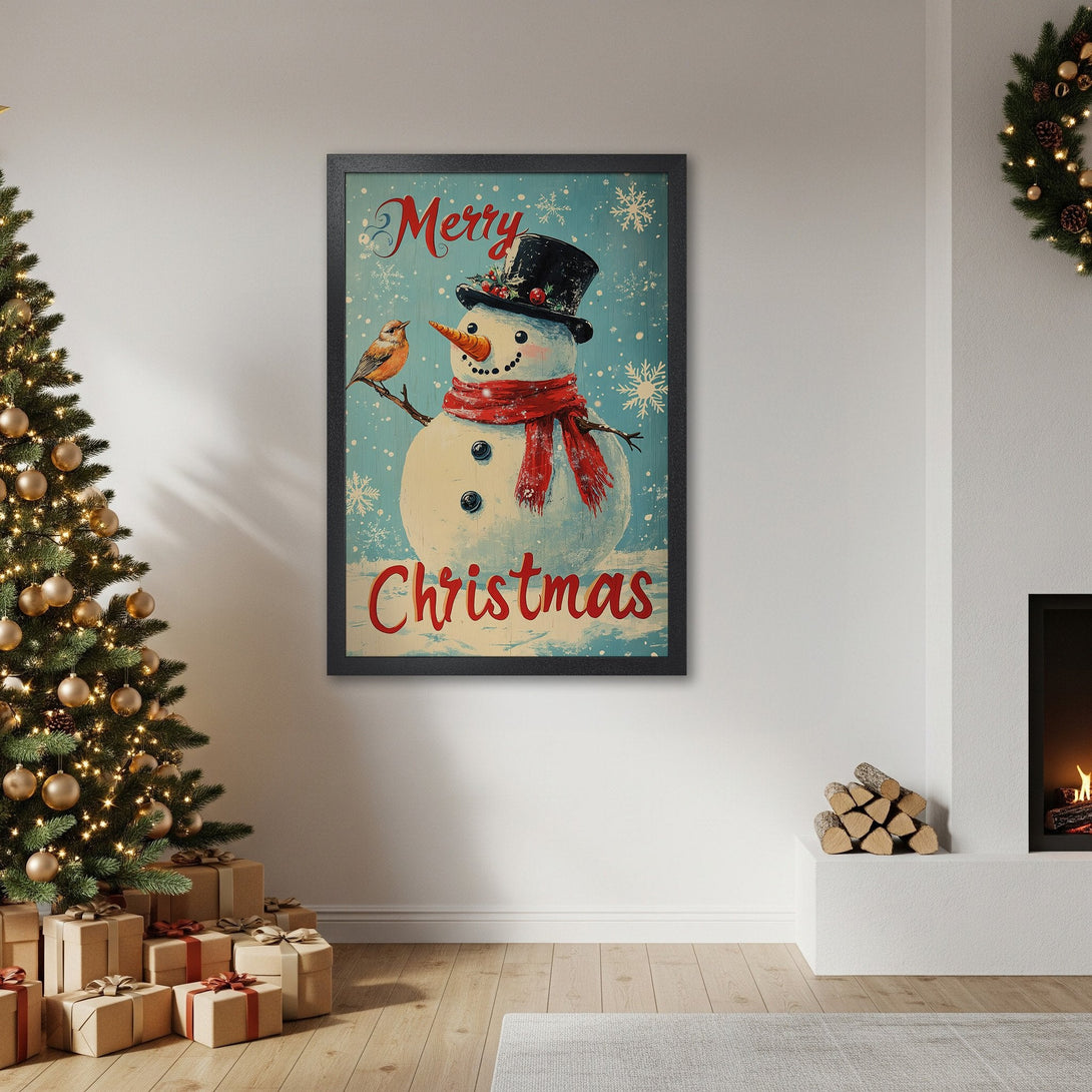 Framed Poster featuring a vintage snowman design with a red and blue color palette, perfect for Christmas decor.