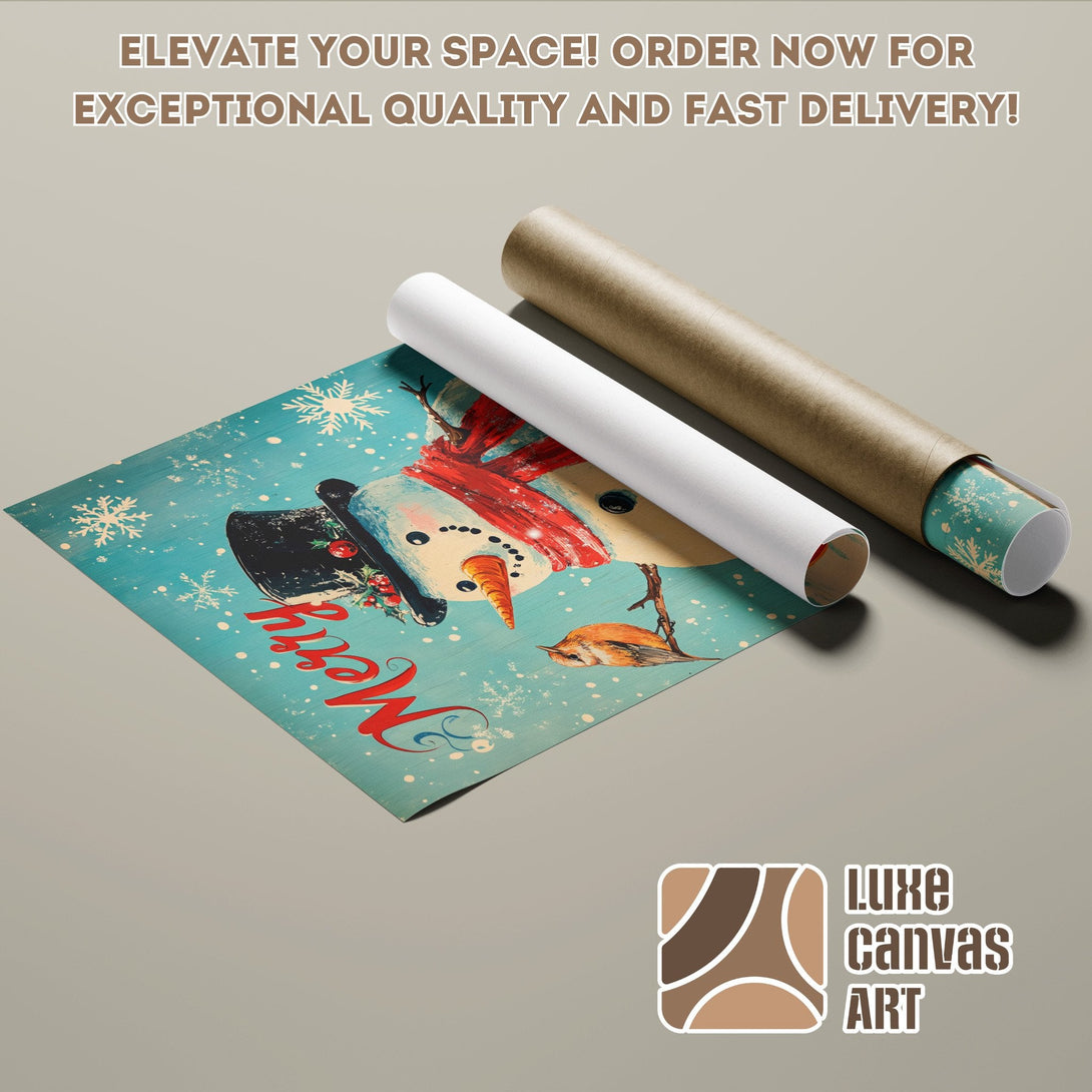 Vintage Christmas Poster Roll with snowman, teal & red color palette. Shop now!