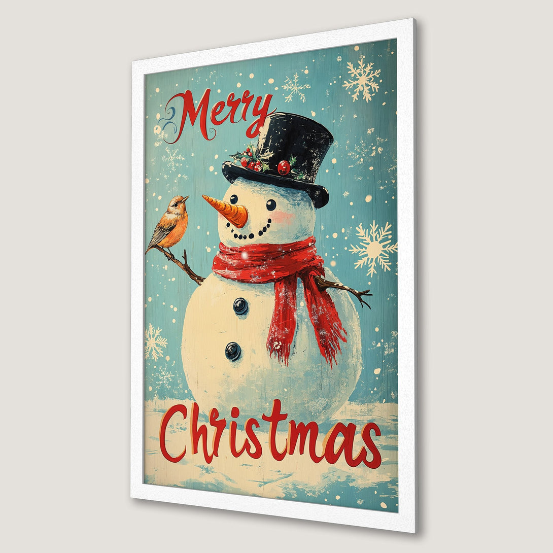 Framed Poster featuring a vintage snowman with a bird, "Merry Christmas" text. Rustic style with blue, red, & white color palette. Perfect holiday decor.