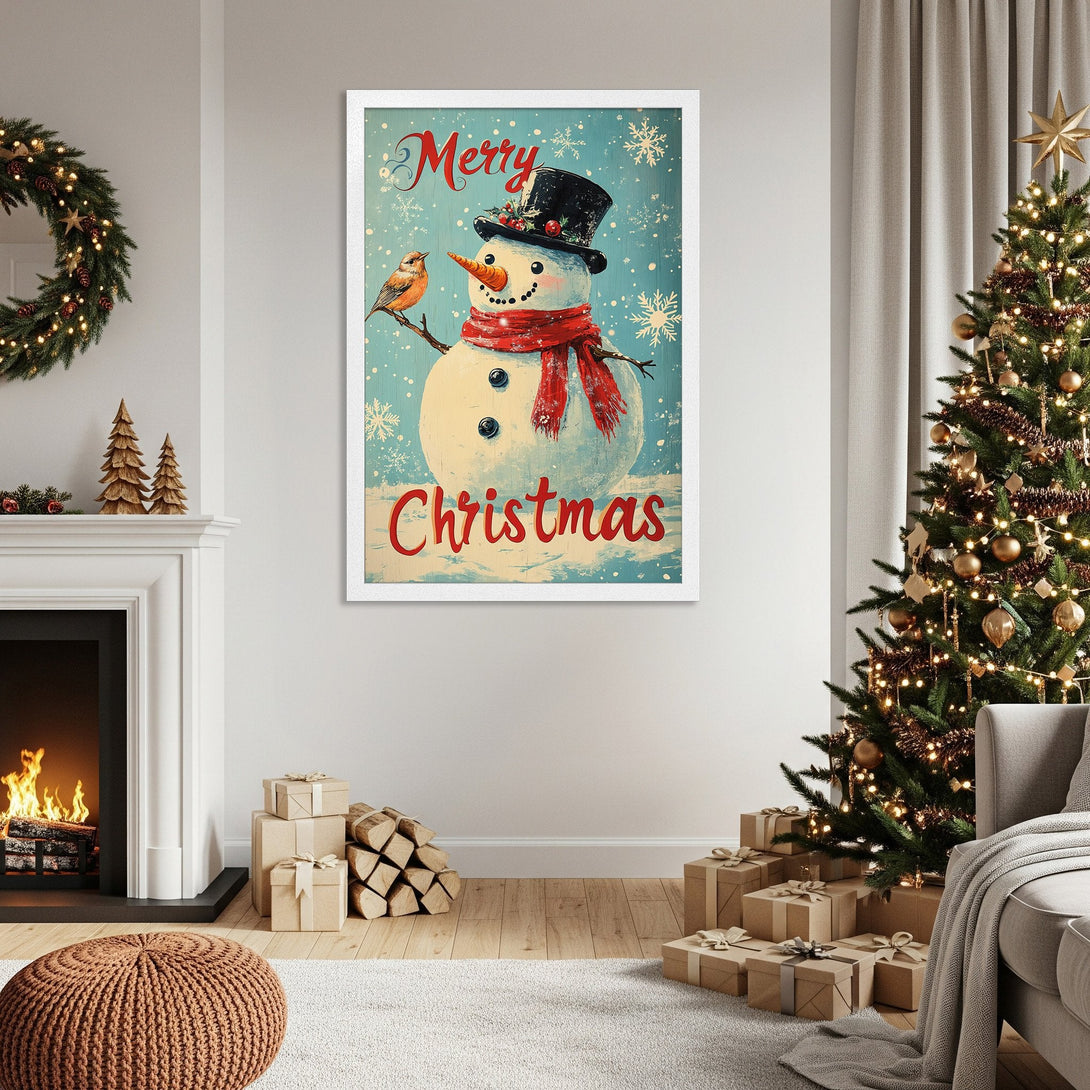Framed Poster featuring a vintage snowman illustration. Festive winter decor in blue, red, and white. Perfect Christmas gift!