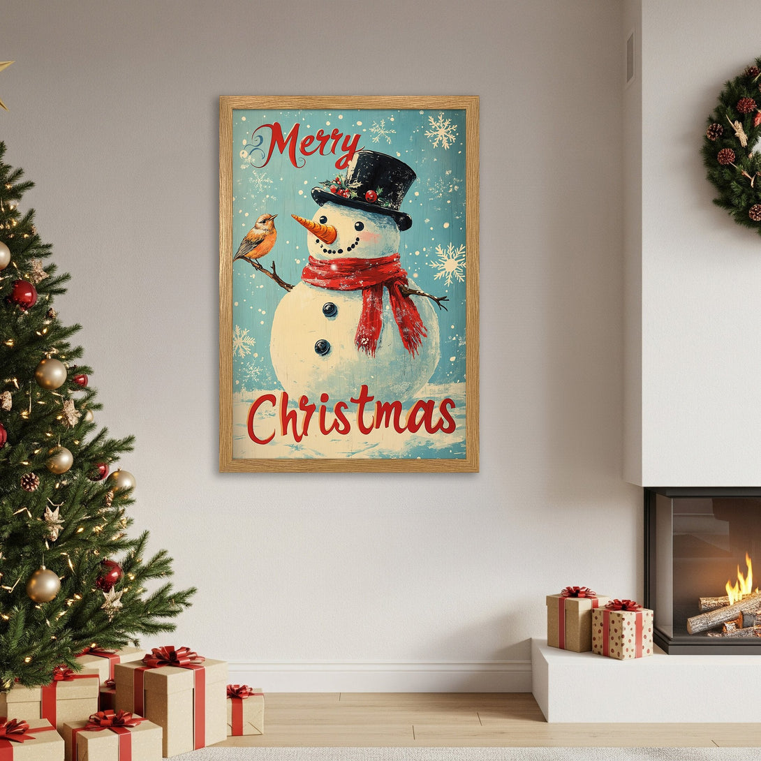 Framed Poster featuring a vintage snowman design with a bird, in a blue, red, and white color palette, perfect for Christmas decor.