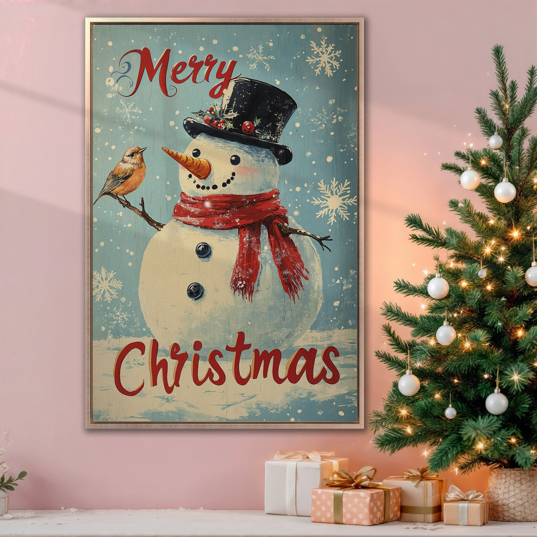 Framed Wall Art: Vintage-style Christmas snowman print in blue, red, and cream. Perfect holiday decor for a cozy, festive living room. Shop now!