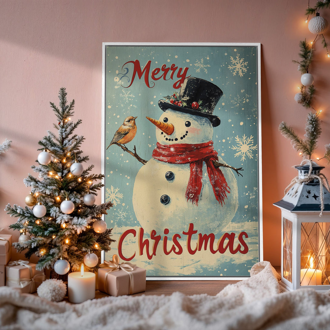 Framed Wall Art: Vintage Christmas snowman print in blue, red, and cream tones. Perfect holiday decor for a cozy, festive atmosphere.