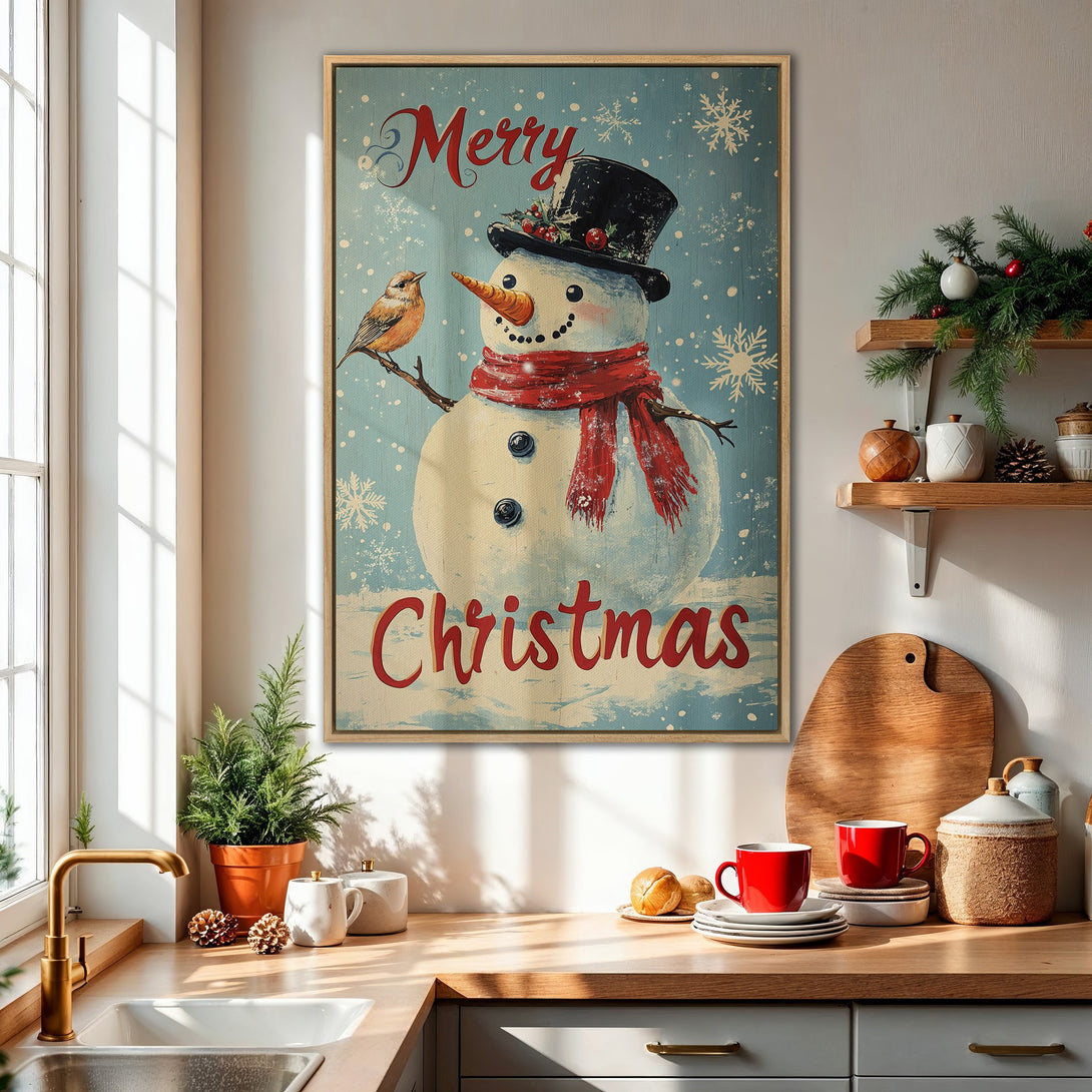 Framed Wall Art: Vintage Christmas snowman print in a kitchen. Festive blue, red, and cream color palette. Perfect holiday decor.