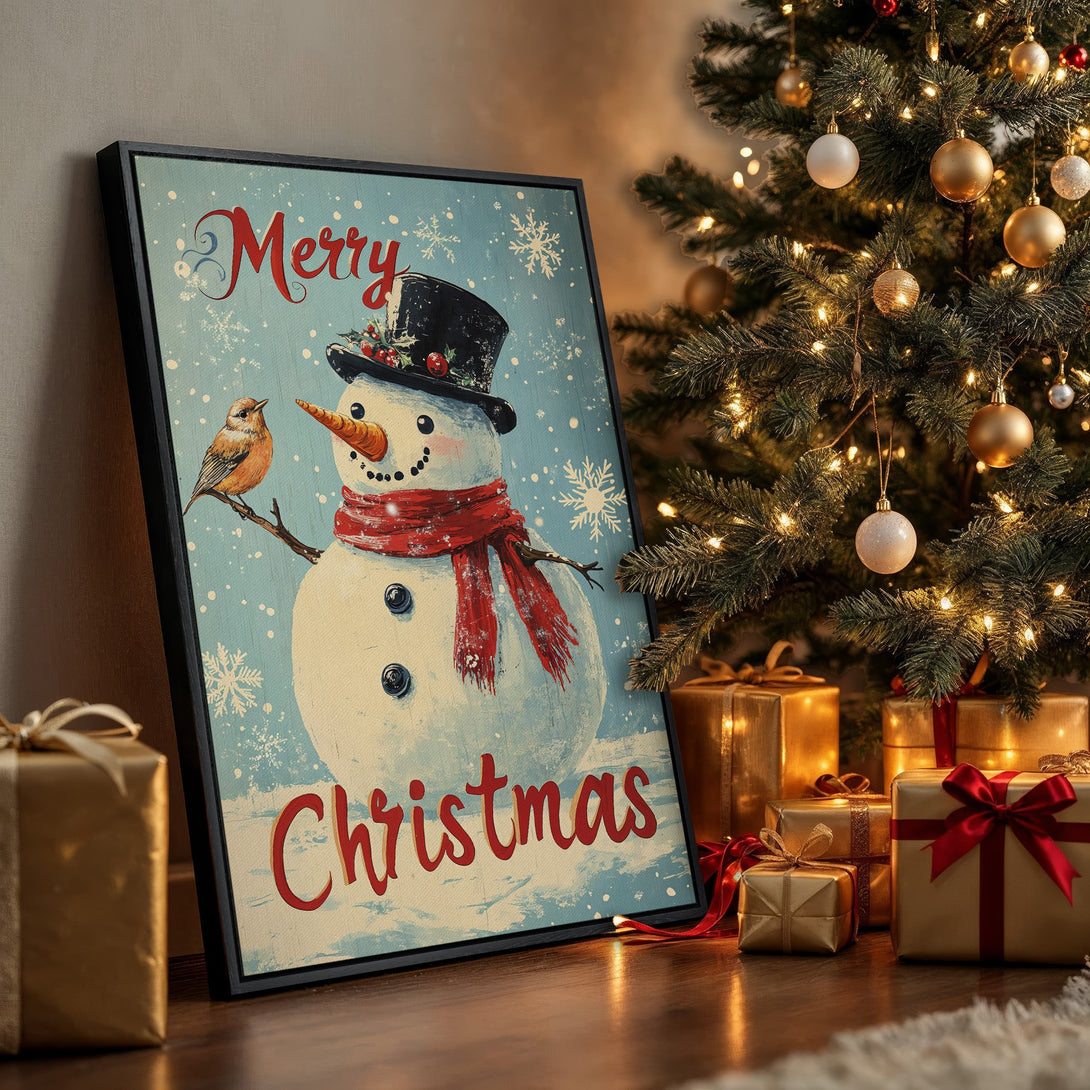 Framed Wall Art featuring a vintage snowman with a bird, in a cozy Christmas scene. Pastel blue, red, and gold color palette. Perfect holiday decor!