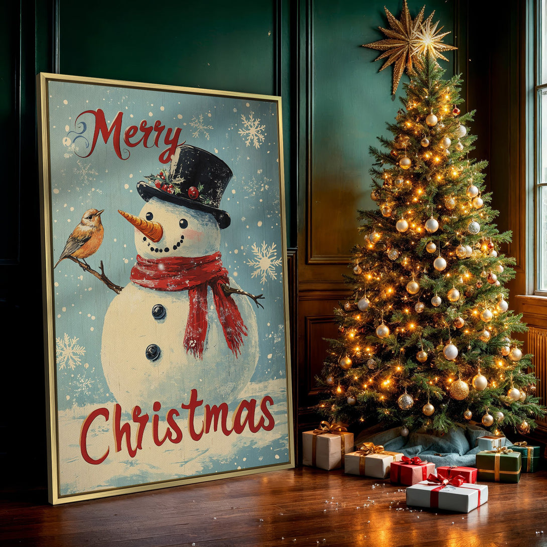 Canvas Print featuring a vintage snowman with a bird, in a blue and red color palette, perfect for Christmas decor.