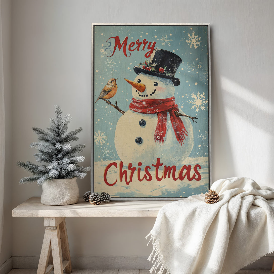 Framed Wall Art: Vintage Christmas snowman print in a rustic style, featuring a blue, red, and cream color palette. Perfect holiday decor!
