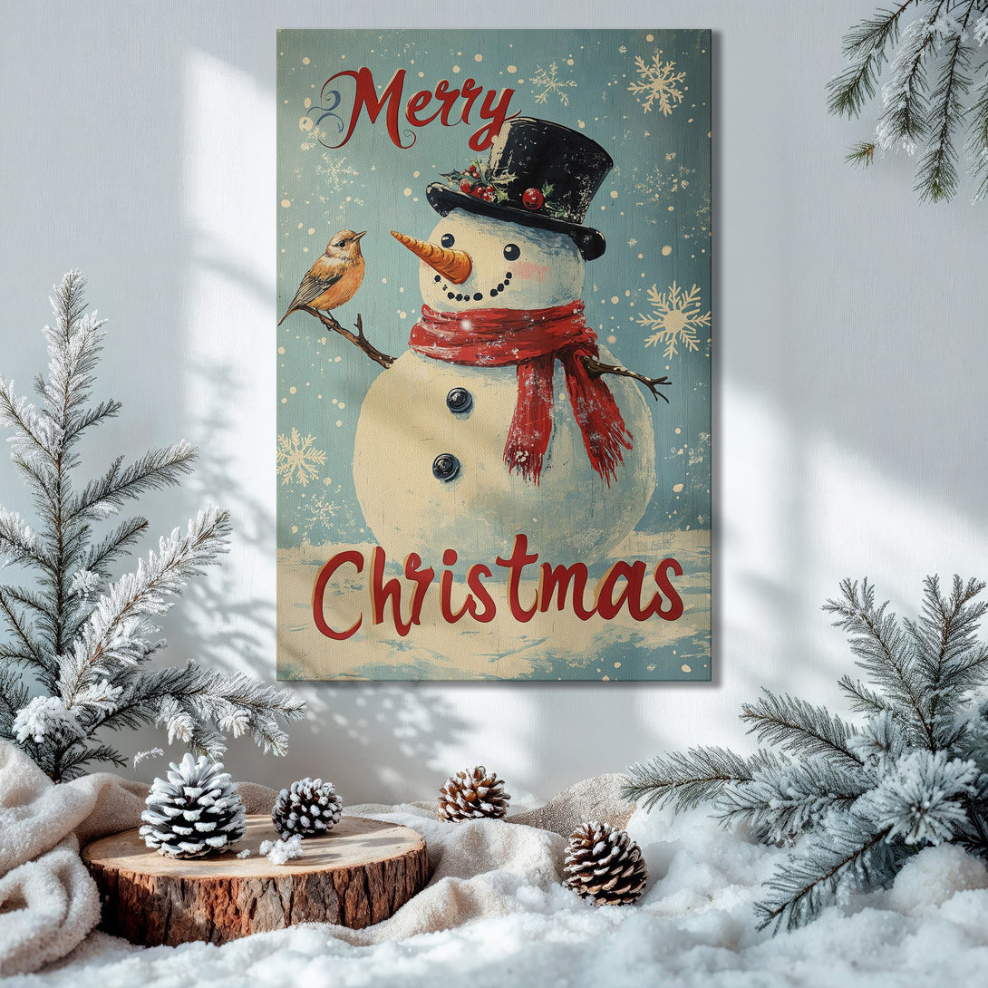 Framed Wall Art: Festive snowman Canvas Print with vintage style, red & blue color palette, perfect for Christmas decor.