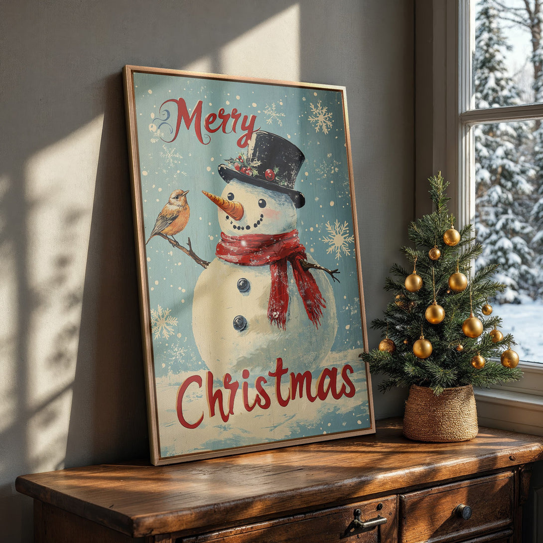 Framed Wall Art: Vintage Christmas snowman print in a cozy interior. Features a blue, red, and cream color palette, perfect for holiday decor.