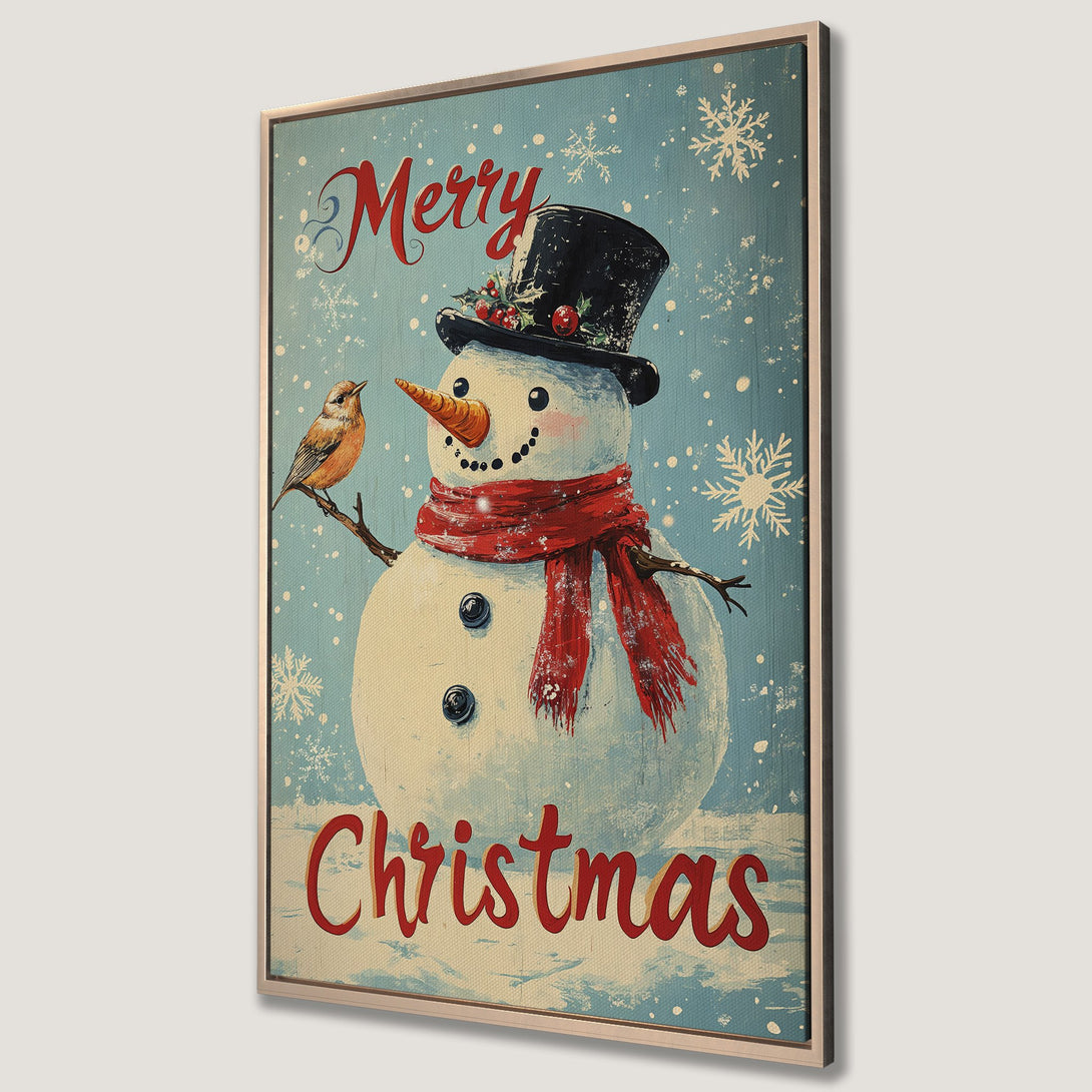Framed Wall Art: Merry Christmas snowman art print with a vintage style. Features a snowman, bird, and a blue & red color palette. Perfect holiday decor!