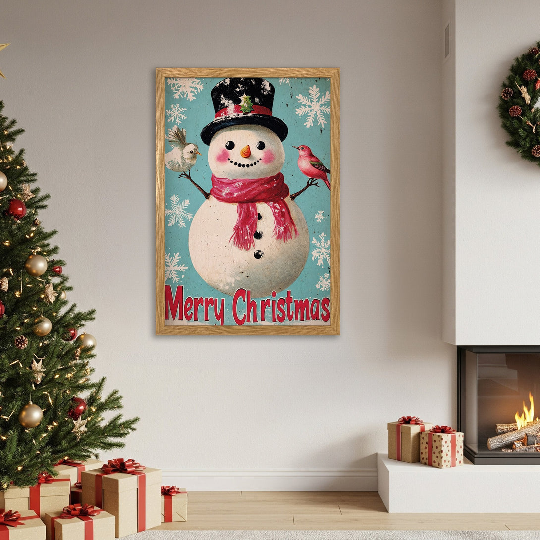 Framed Poster featuring a vintage snowman with birds, perfect Christmas decor. Rustic style with blue, red, and white color palette.