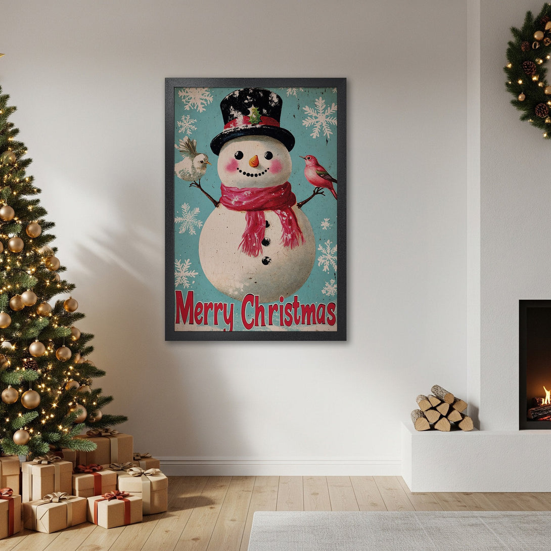 Framed Poster featuring a vintage snowman design. Festive Christmas decor with a blue, red, and white color palette. Perfect holiday gift!