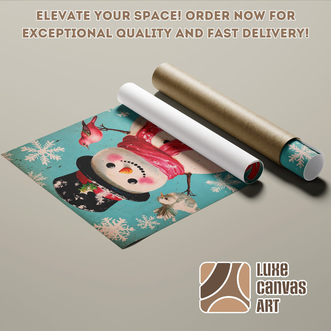Vintage-style Poster Roll featuring a snowman & birds in a teal and red color palette. Perfect wall art!