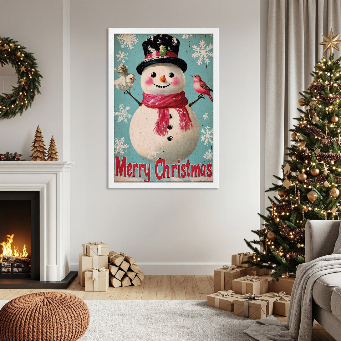 Framed Poster featuring a vintage snowman with birds, "Merry Christmas" text. Retro style, blue, red, and white color palette. Perfect holiday decor.