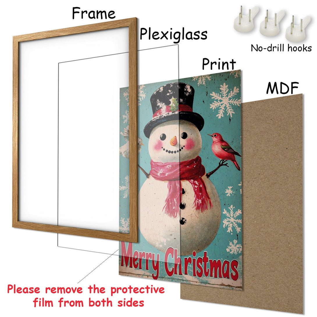 Framed Poster featuring a vintage snowman design, with a blue, red, and white color palette. Perfect Christmas decor!
