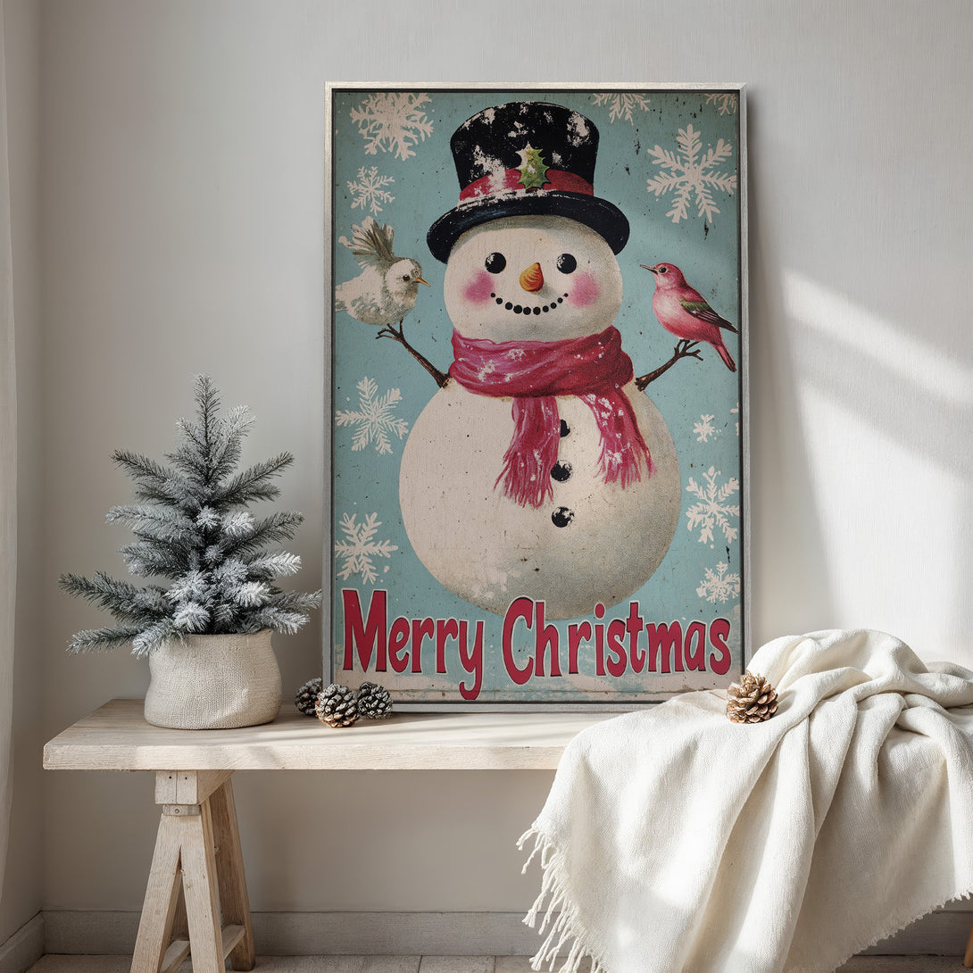Framed Wall Art: Vintage snowman Christmas print with a rustic, farmhouse style. Features a blue & red color palette, perfect for holiday decor.