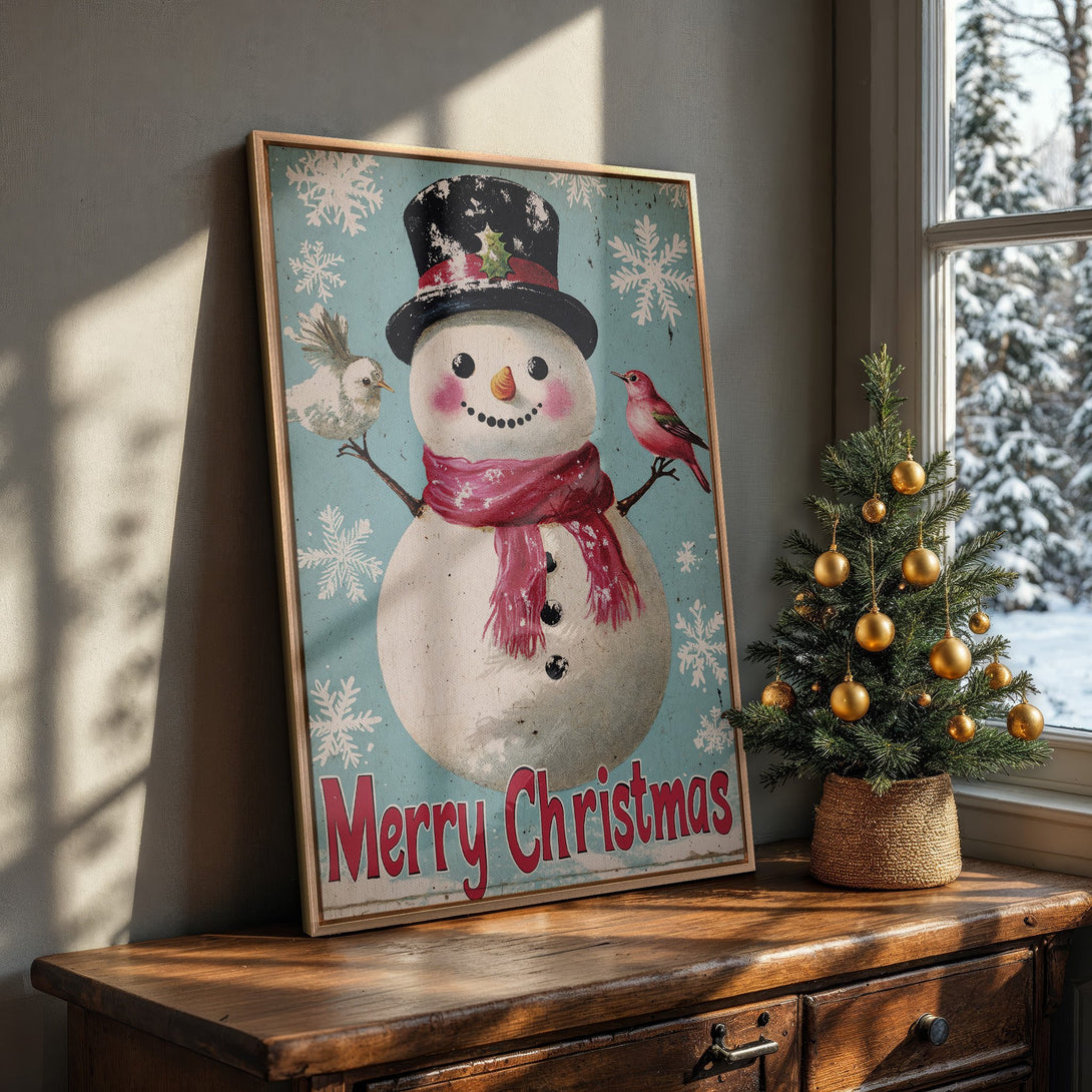 Framed Wall Art: Vintage Christmas snowman print with a rustic, distressed style. Features a blue, red, and white color palette. Perfect holiday decor!