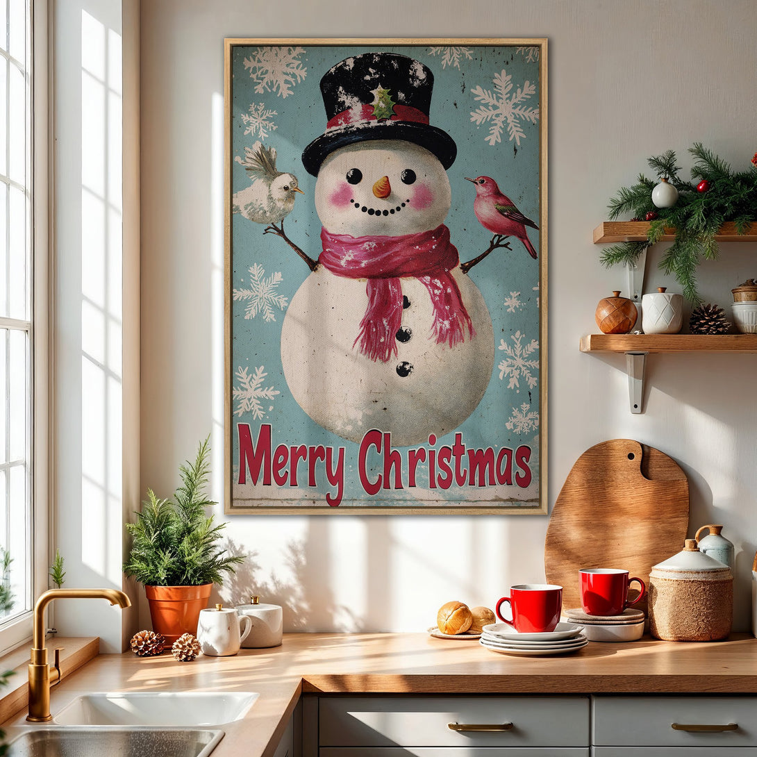 Framed Wall Art: Festive snowman print in vintage style. Features a blue, red, and white color palette, perfect for Christmas decor. Add holiday cheer to your home!