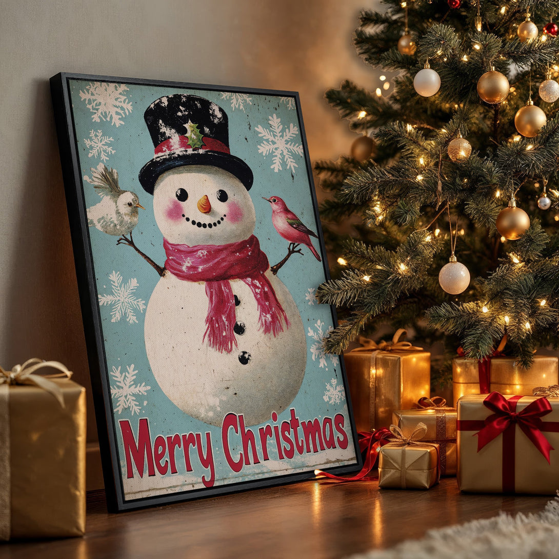 Framed Wall Art: Festive snowman print in vintage style, featuring a blue, red, and white color palette. Perfect Christmas decor!