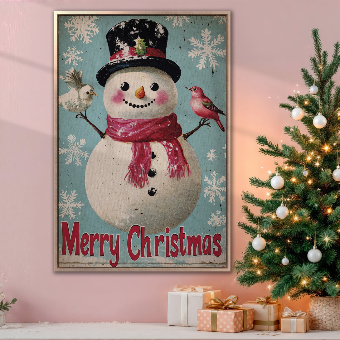 Framed Wall Art: Vintage Christmas snowman print with birds, in a distressed style. Festive artwork with a blue, red, and white color palette. Perfect holiday decor!