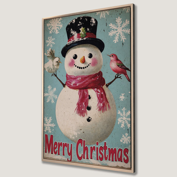 Framed Wall Art: Vintage snowman with birds on a blue background. Festive Christmas decor in red, white, and black. Perfect holiday Canvas Print!