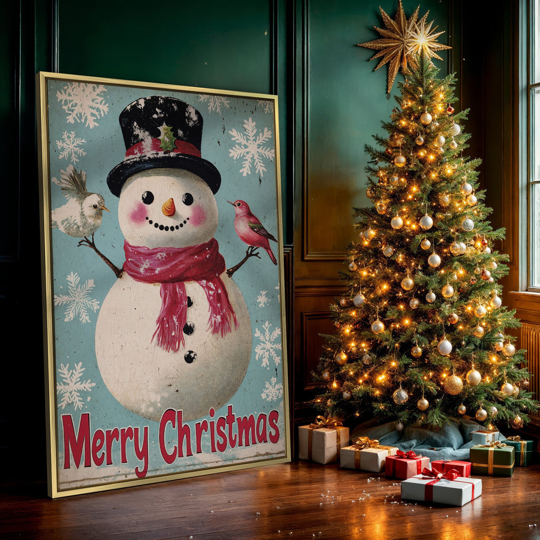 Canvas Print featuring a vintage snowman with birds, "Merry Christmas" text, and a blue & red color palette. Perfect holiday wall art!