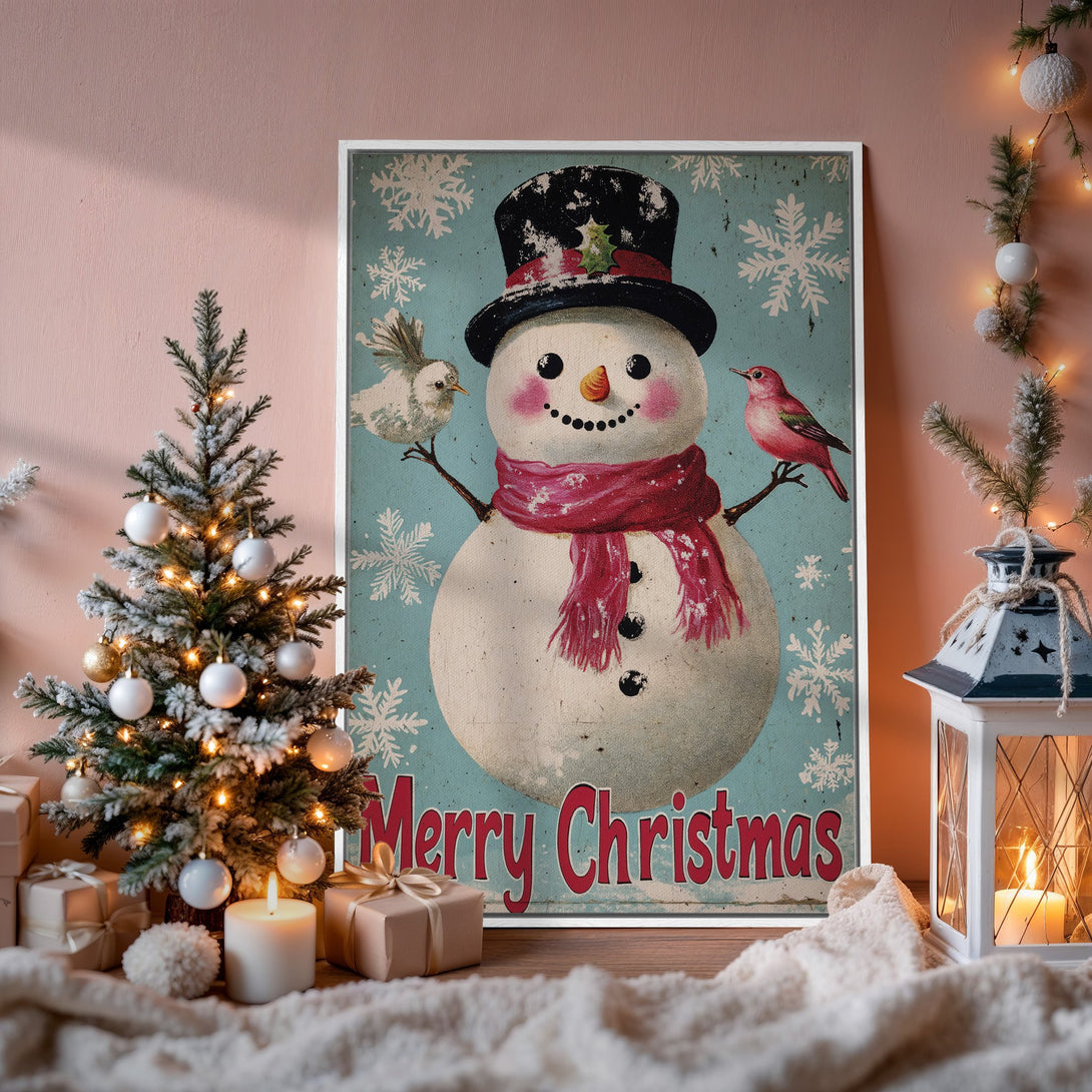 Framed Wall Art: Vintage snowman print with a retro style, featuring a blue and red color palette. Perfect Christmas decor for a cozy home.