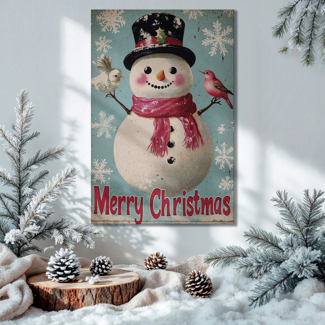 Framed Wall Art: Vintage Christmas snowman print with a rustic, festive style. Features a blue, red, and gold color palette. Perfect holiday decor!
