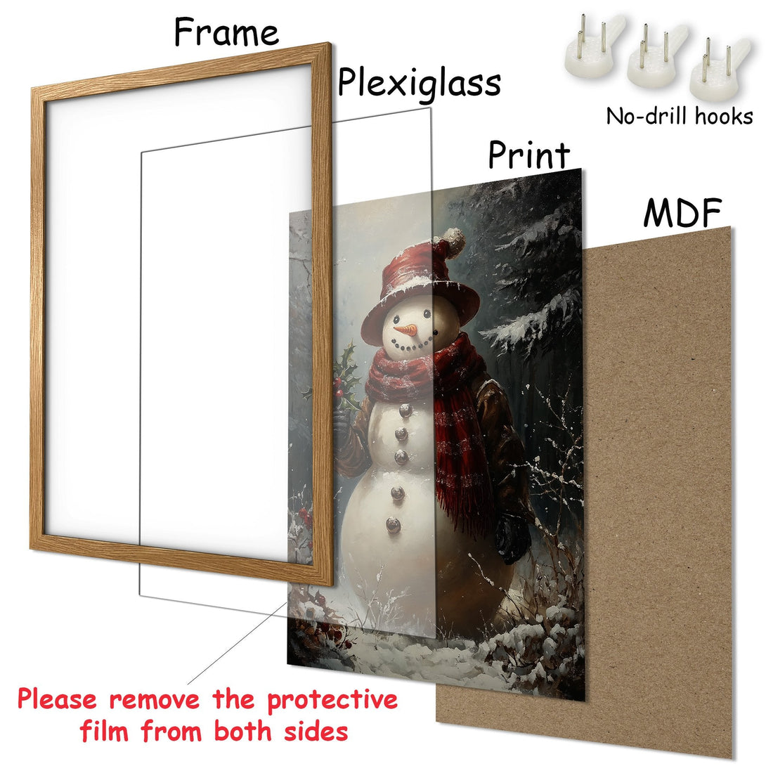 Framed Poster featuring a snowman in a winter scene. Rustic style with red, brown, and white color palette. Perfect holiday decor!