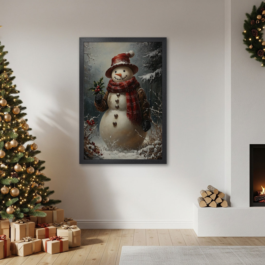 Framed Poster featuring a charming snowman in a winter scene. Rustic style with red, white, and green color palette. Perfect Christmas decor!