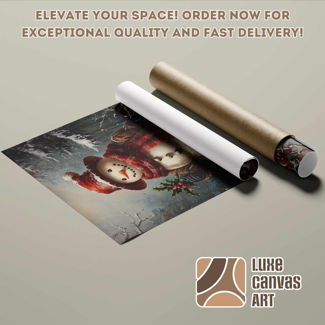 Poster Roll featuring a snowman in a winter scene, with a warm, festive color palette.