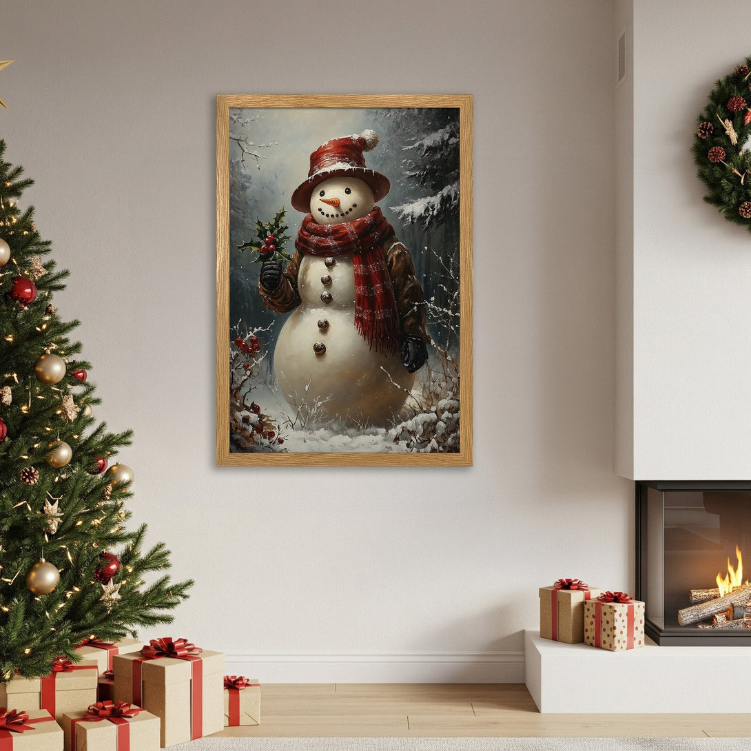 Framed Poster featuring a charming snowman in a winter scene. Warm, inviting colors perfect for holiday decor.