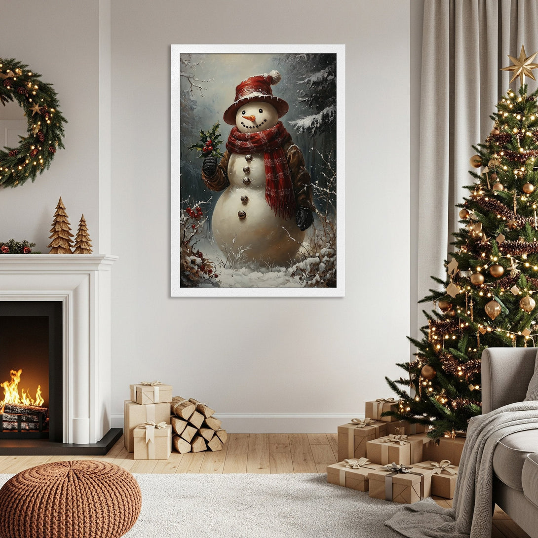 Framed Poster featuring a charming snowman in a snowy forest scene, warm colors, perfect for Christmas decor.