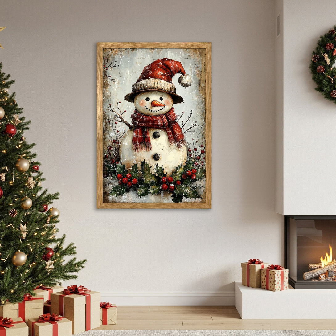 Framed Poster of a whimsical snowman, rustic style, featuring red, white, and brown hues, perfect for Christmas decor.