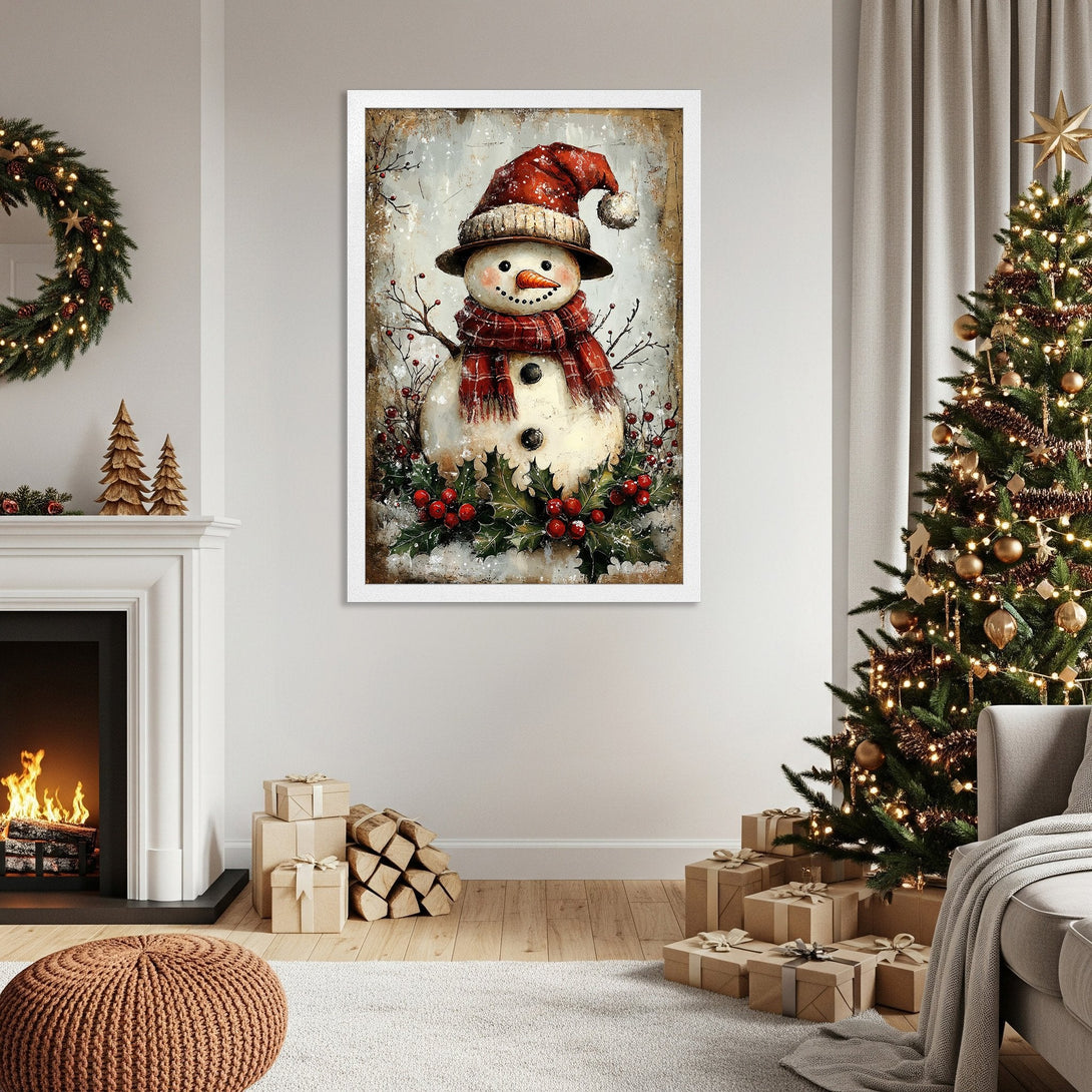 Framed Poster featuring a charming snowman in a cozy, vintage style. Warm red and neutral color palette perfect for Christmas decor.