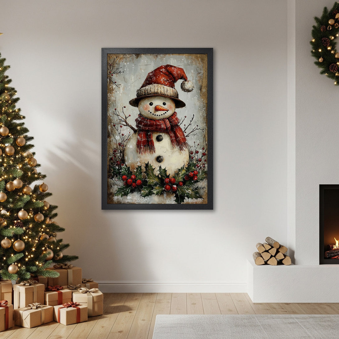Framed Poster of a charming snowman in rustic style with a red and white color palette, perfect for Christmas decor.