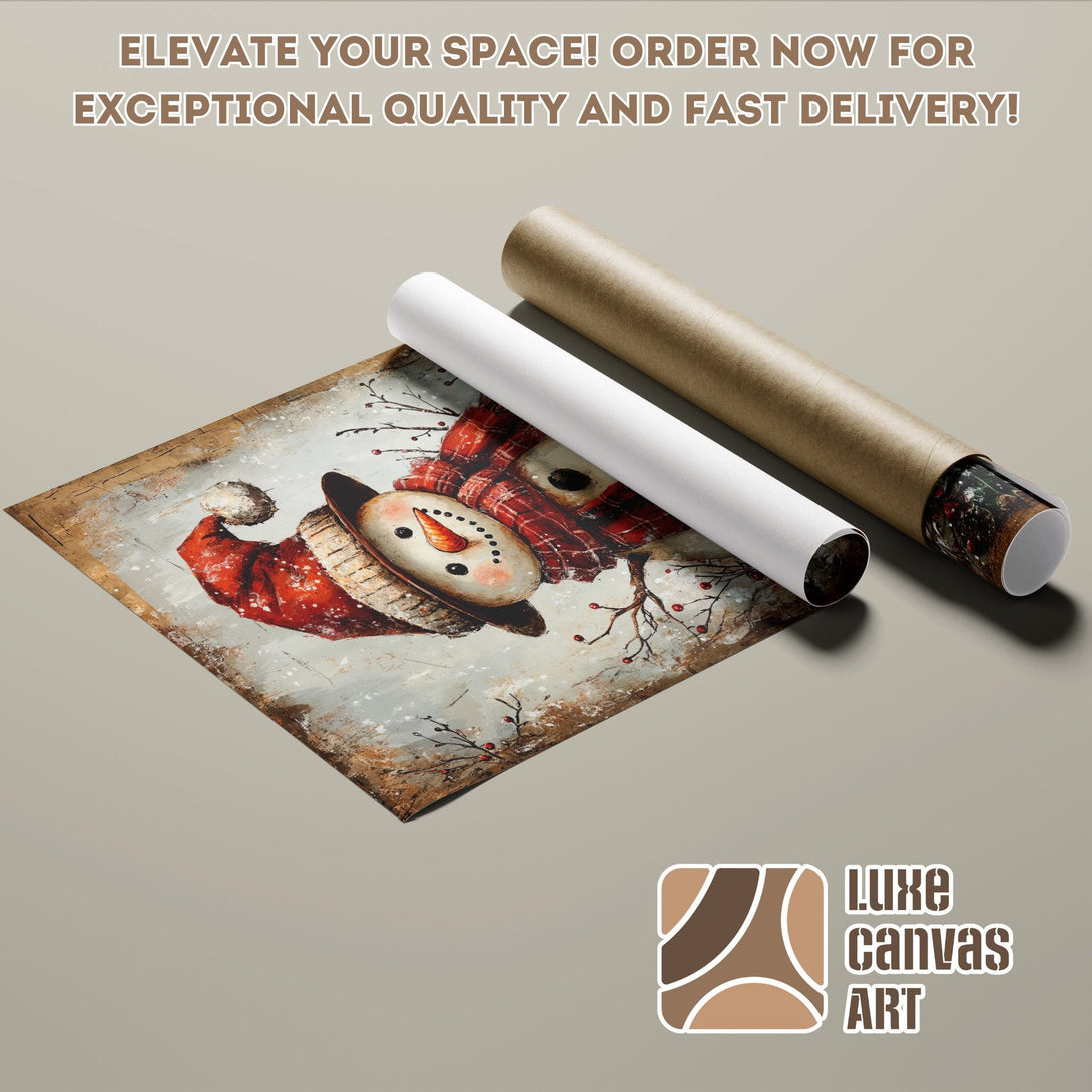 Snowman Poster Roll, rustic style, red & neutral color palette. Elevate your space!