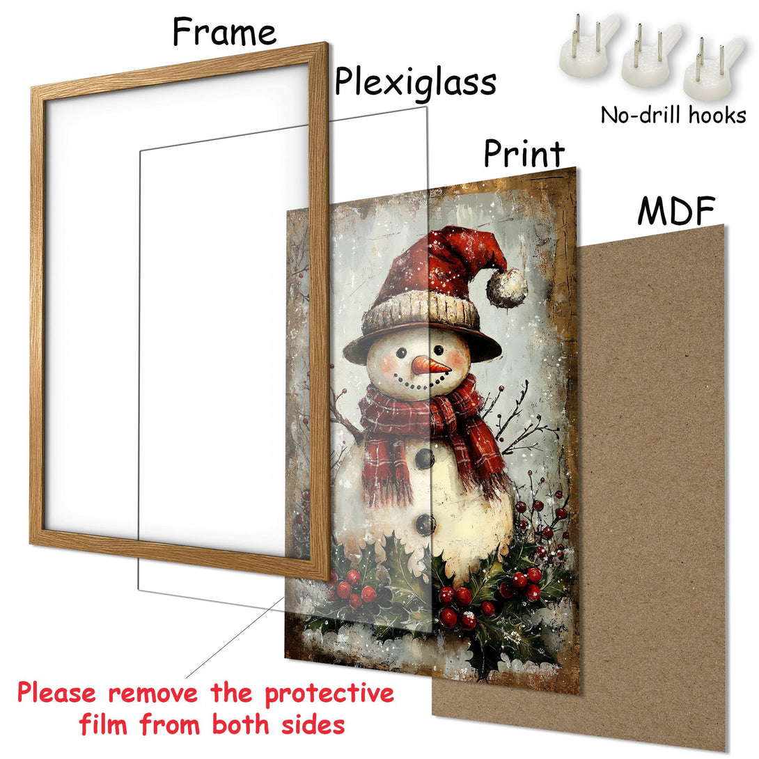 Framed Poster featuring a charming snowman illustration in a rustic style with a warm, festive color palette. Perfect winter decor!