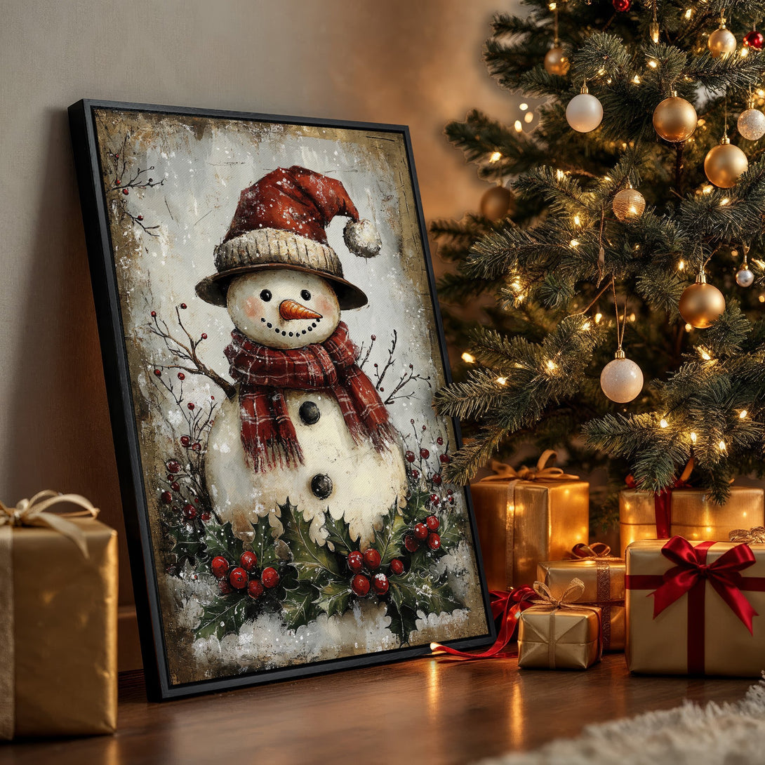 Framed Wall Art: Charming snowman art print with a rustic, vintage style. Features a red and white color palette, perfect for holiday decor. Add festive cheer!