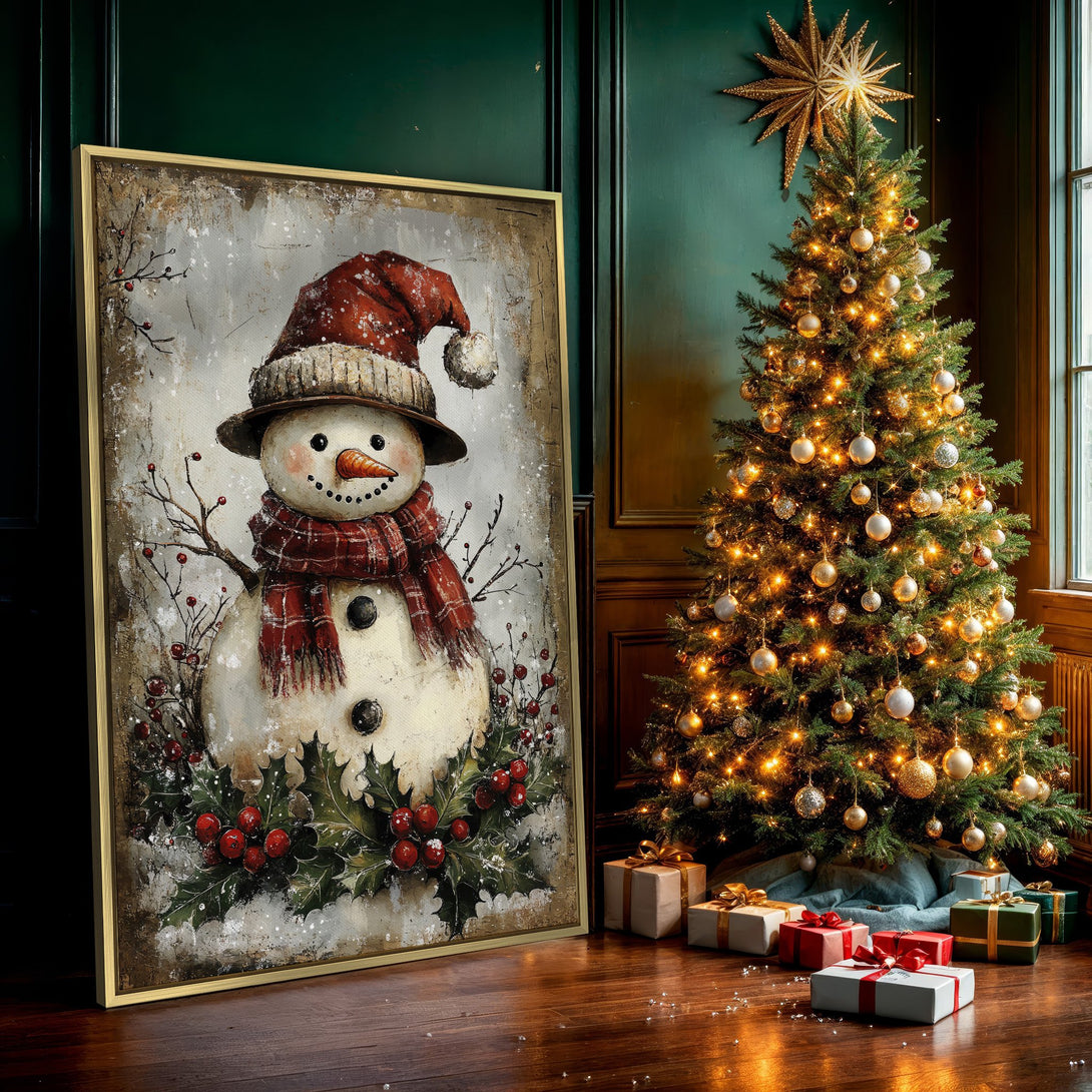 Canvas Print featuring a charming snowman in a rustic style. Warm red and brown tones create a cozy winter scene, perfect for holiday decor.