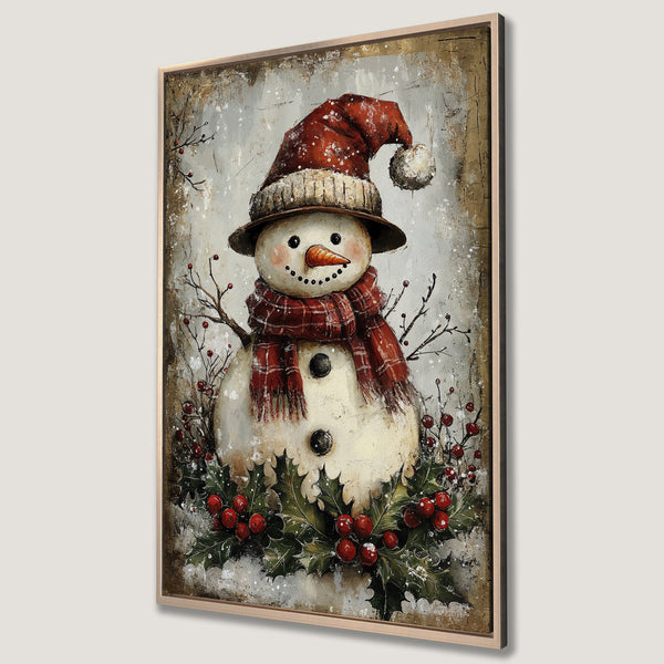 Framed Wall Art: Festive snowman canvas print with a rustic, vintage style. Features a warm red, green, and neutral color palette, perfect for holiday decor.