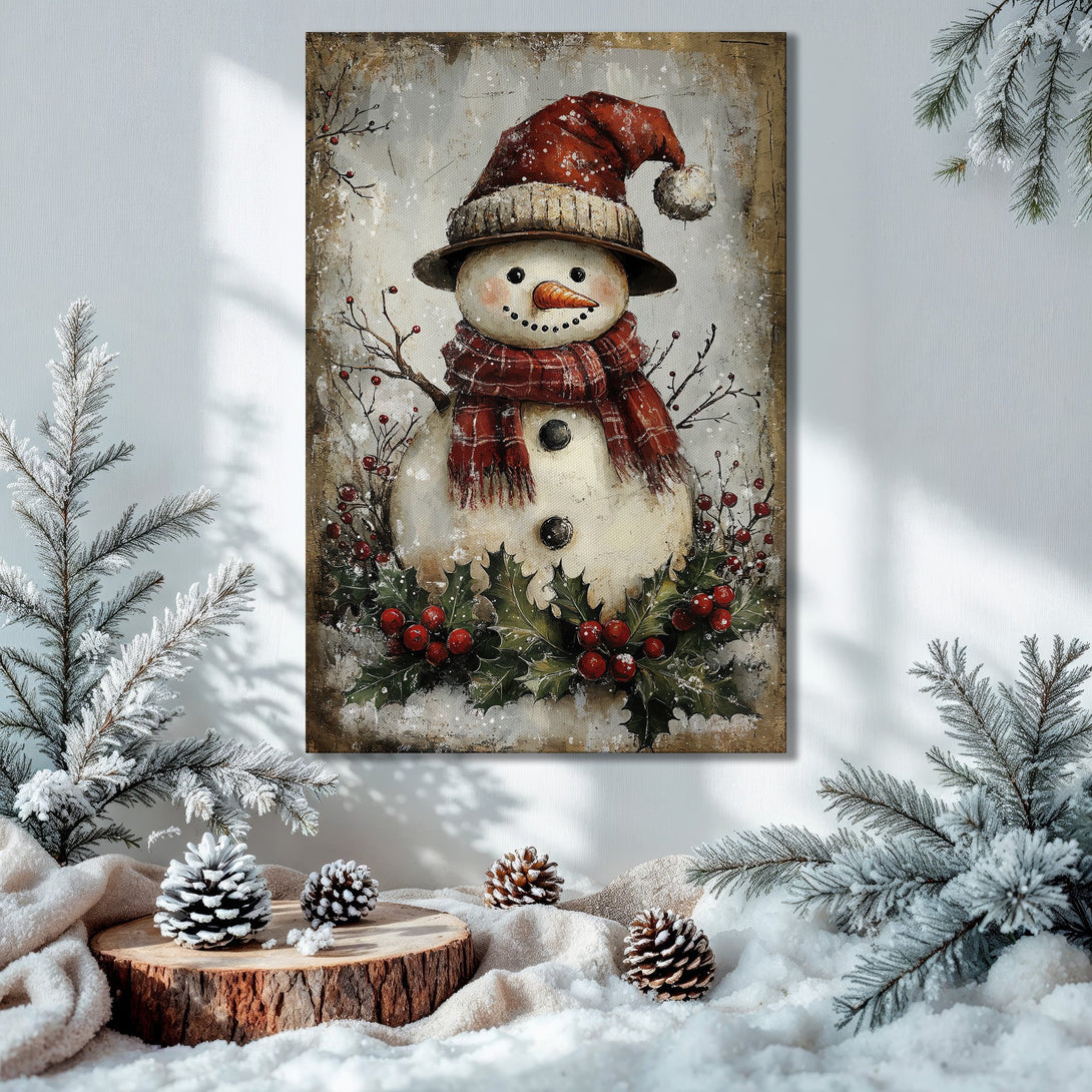 Framed Wall Art: Festive snowman print in a rustic style, featuring red and neutral tones, perfect for Christmas decor.