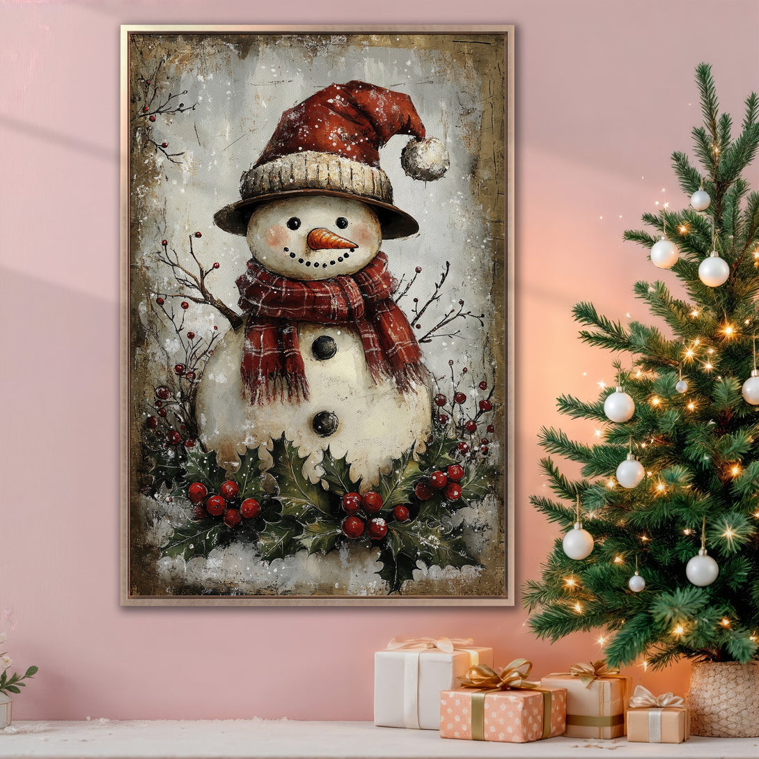 Framed Wall Art featuring a charming snowman in rustic style, with a warm red and brown color palette, perfect for Christmas decor.
