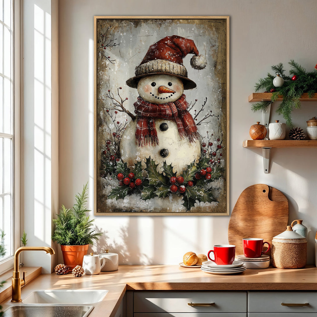 Framed Wall Art: Rustic snowman print with red and green accents. Cozy winter decor for your kitchen. Warm, inviting color palette.