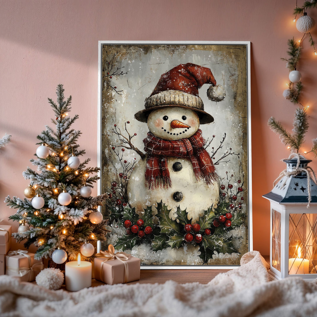 Framed Wall Art: Whimsical snowman painting with a rustic, vintage style. Features a warm color palette of reds, browns, and whites for cozy holiday decor.